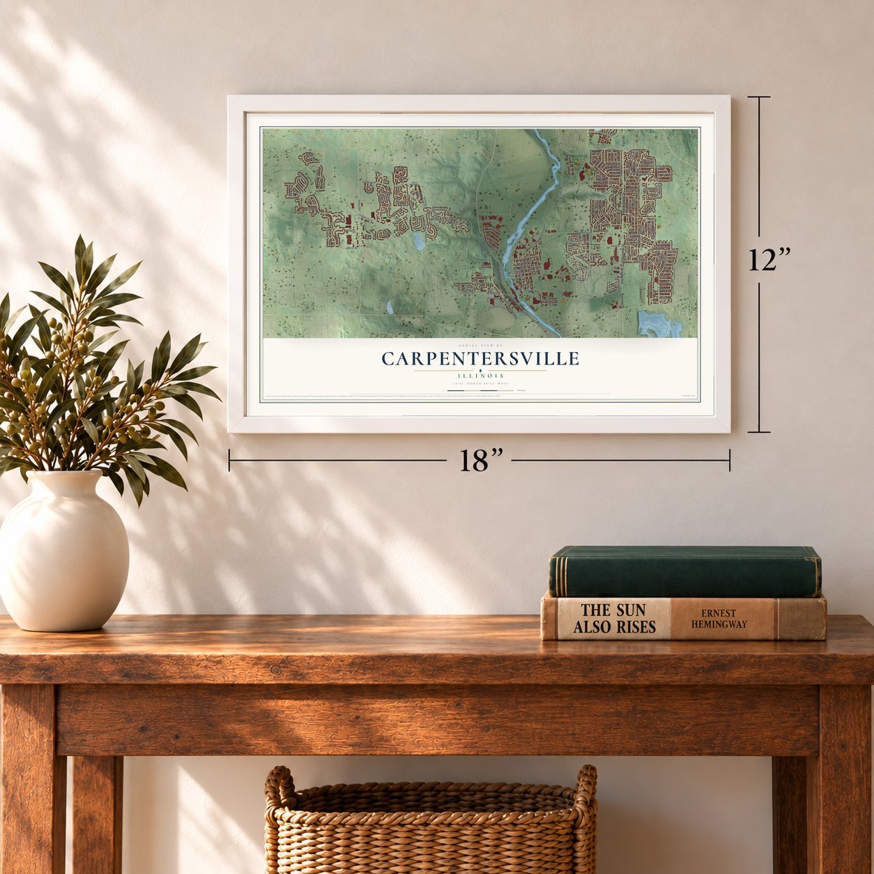 Carpentersville, Illinois map, 12 x 18 inch print in a white frame in an entryway