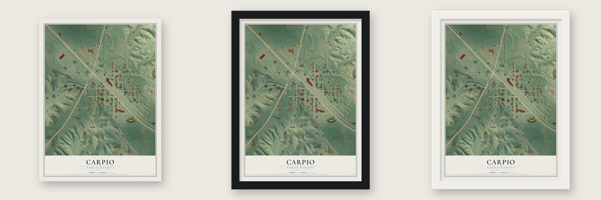 Carpio, North Dakota map unframed, in a black wood frame and in a white wood frame