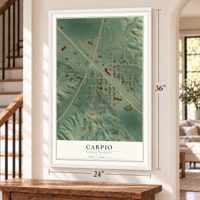 Carpio, North Dakota map, 24 x 36 inch print in a white frame by a staircase