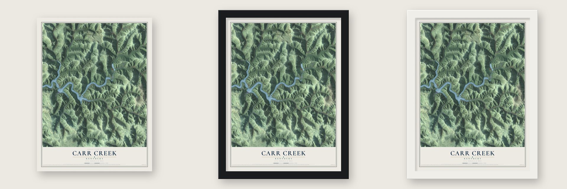 Carr Creek, Kentucky map unframed, in a black wood frame and in a white wood frame