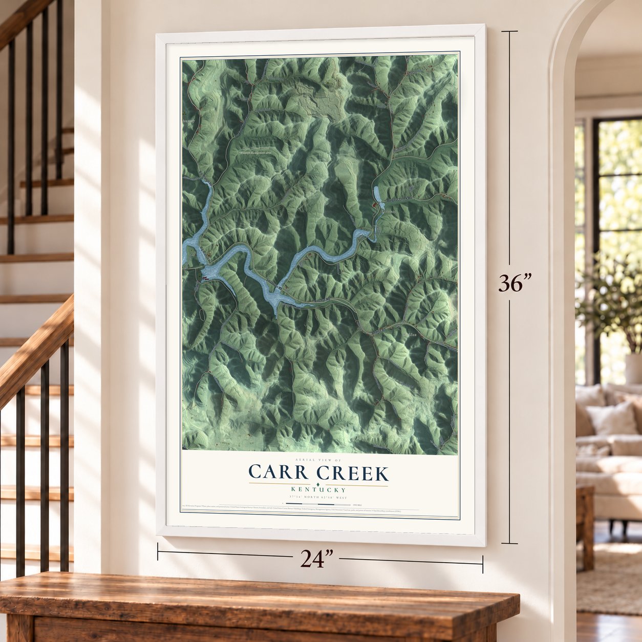 Carr Creek, Kentucky map, 24 x 36 inch print in a white frame by a staircase