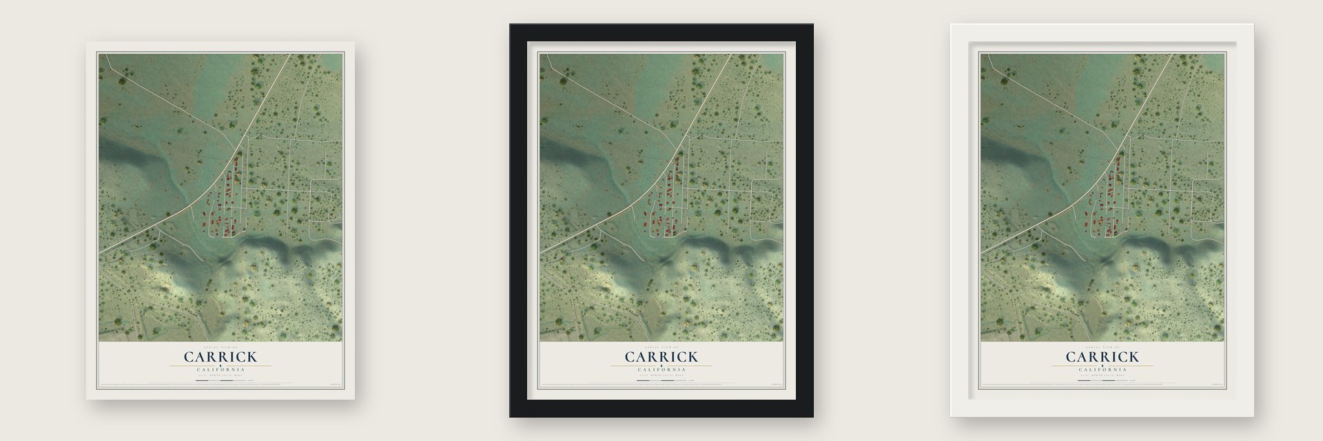 Carrick, California map unframed, in a black wood frame and in a white wood frame