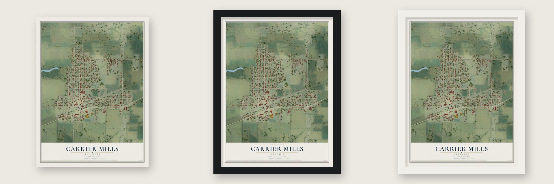 Carrier Mills, Illinois map unframed, in a black wood frame and in a white wood frame