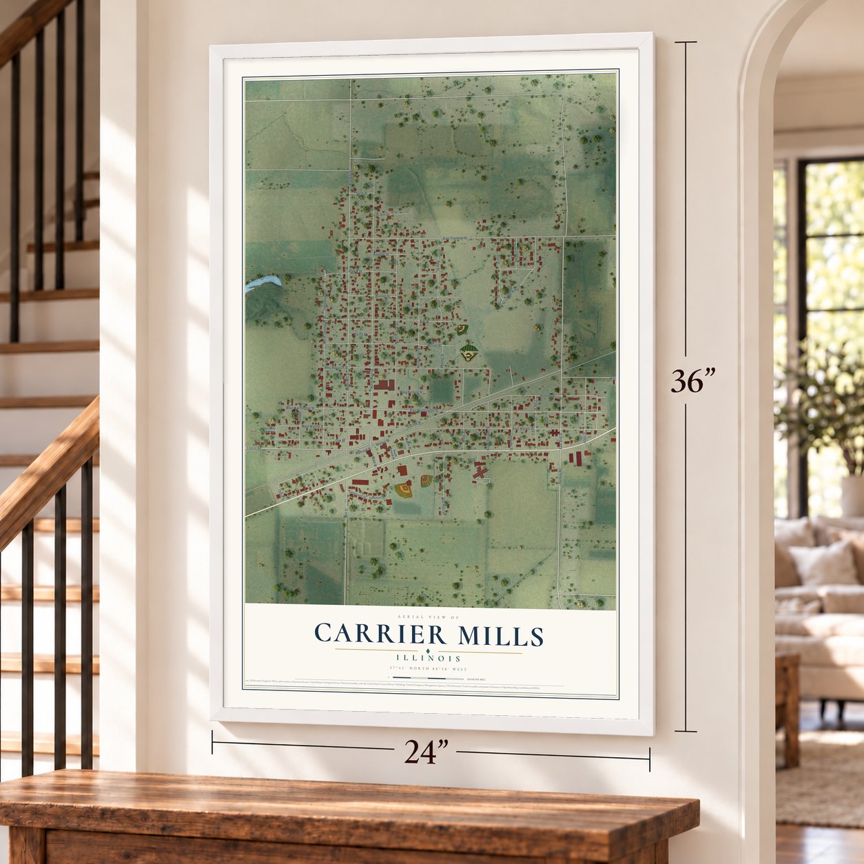 Carrier Mills, Illinois map, 24 x 36 inch print in a white frame by a staircase