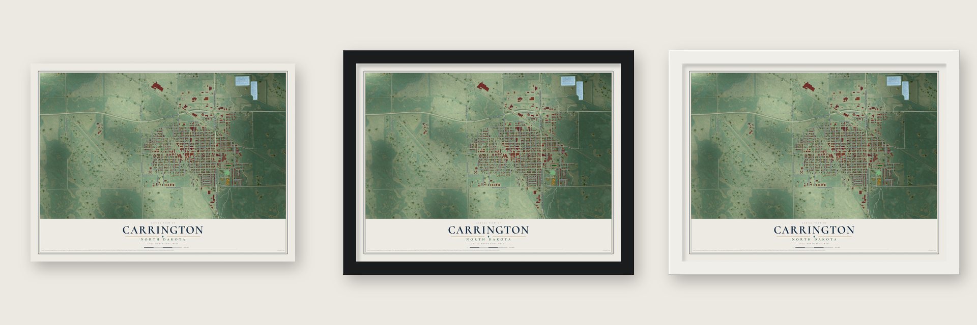 Carrington, North Dakota map unframed, in a black wood frame and in a white wood frame
