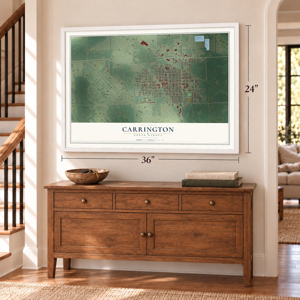Carrington, North Dakota map, 24 x 36 inch print in a white frame above a dresser by a staircase