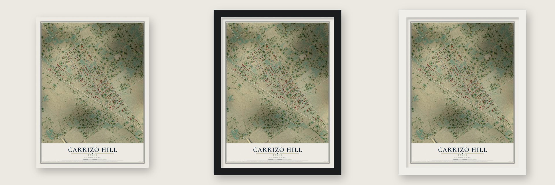 Carrizo Hill, Texas map unframed, in a black wood frame and in a white wood frame