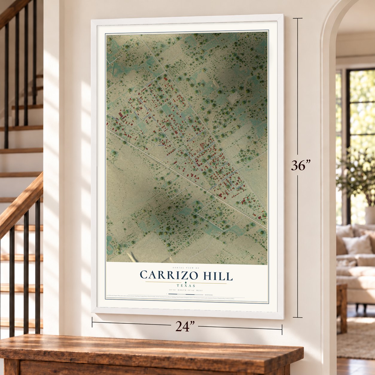 Carrizo Hill, Texas map, 24 x 36 inch print in a white frame by a staircase