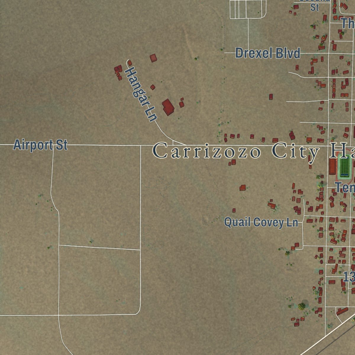 Second close-up of the map of Carrizozo, New Mexico print showing more streets and buildings