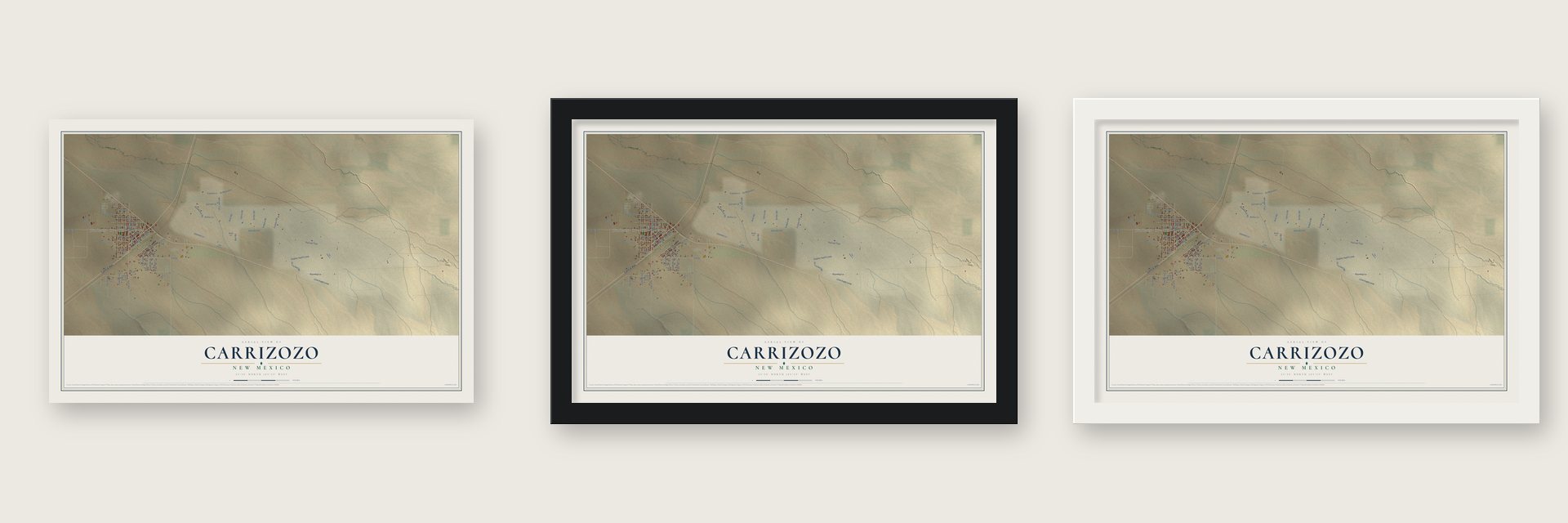 Carrizozo, New Mexico map unframed, in a black wood frame and in a white wood frame