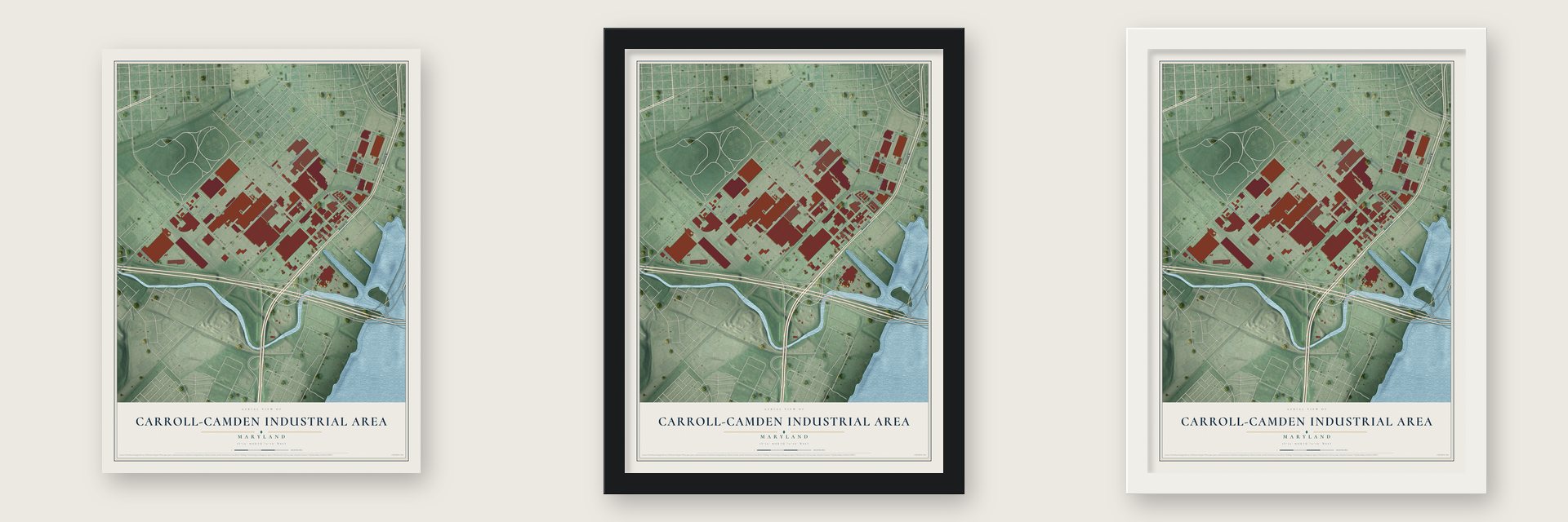 Carroll-Camden Industrial Area, Maryland map unframed, in a black wood frame and in a white wood frame