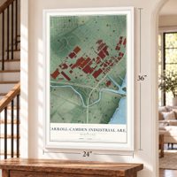 Carroll-Camden Industrial Area, Maryland map, 24 x 36 inch print in a white frame by a staircase
