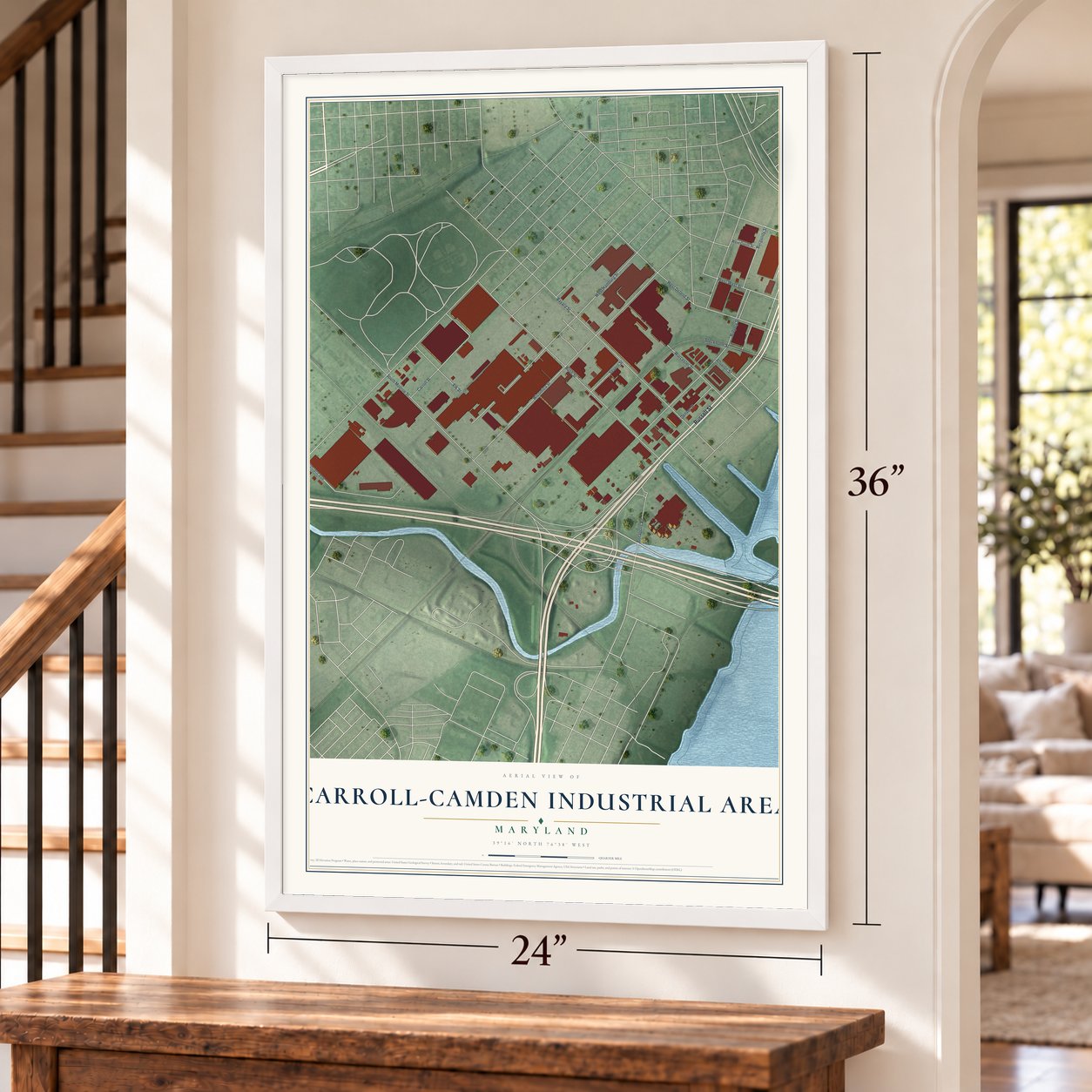 Carroll-Camden Industrial Area, Maryland map, 24 x 36 inch print in a white frame by a staircase