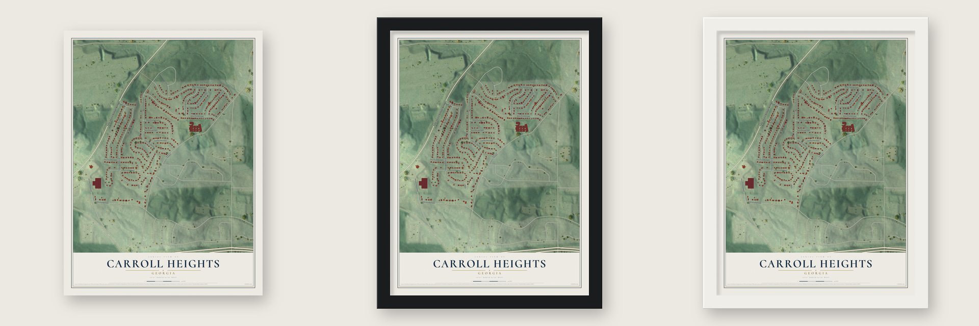 Carroll Heights, Georgia map unframed, in a black wood frame and in a white wood frame