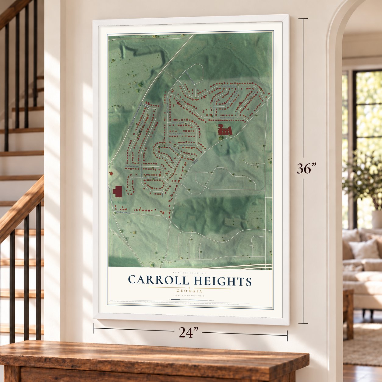 Carroll Heights, Georgia map, 24 x 36 inch print in a white frame by a staircase
