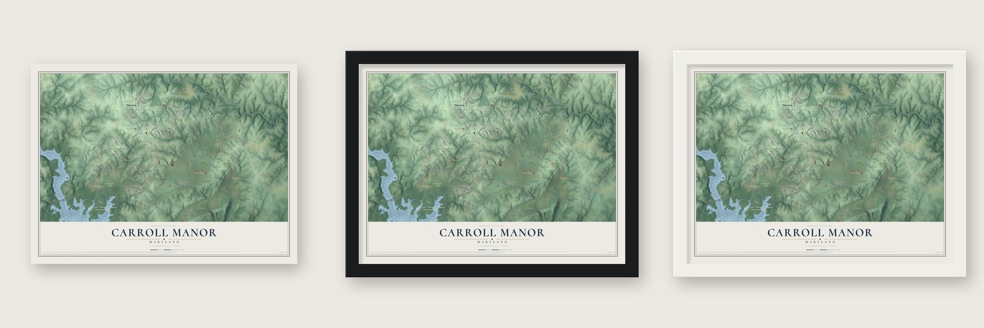 Carroll Manor, Maryland map unframed, in a black wood frame and in a white wood frame