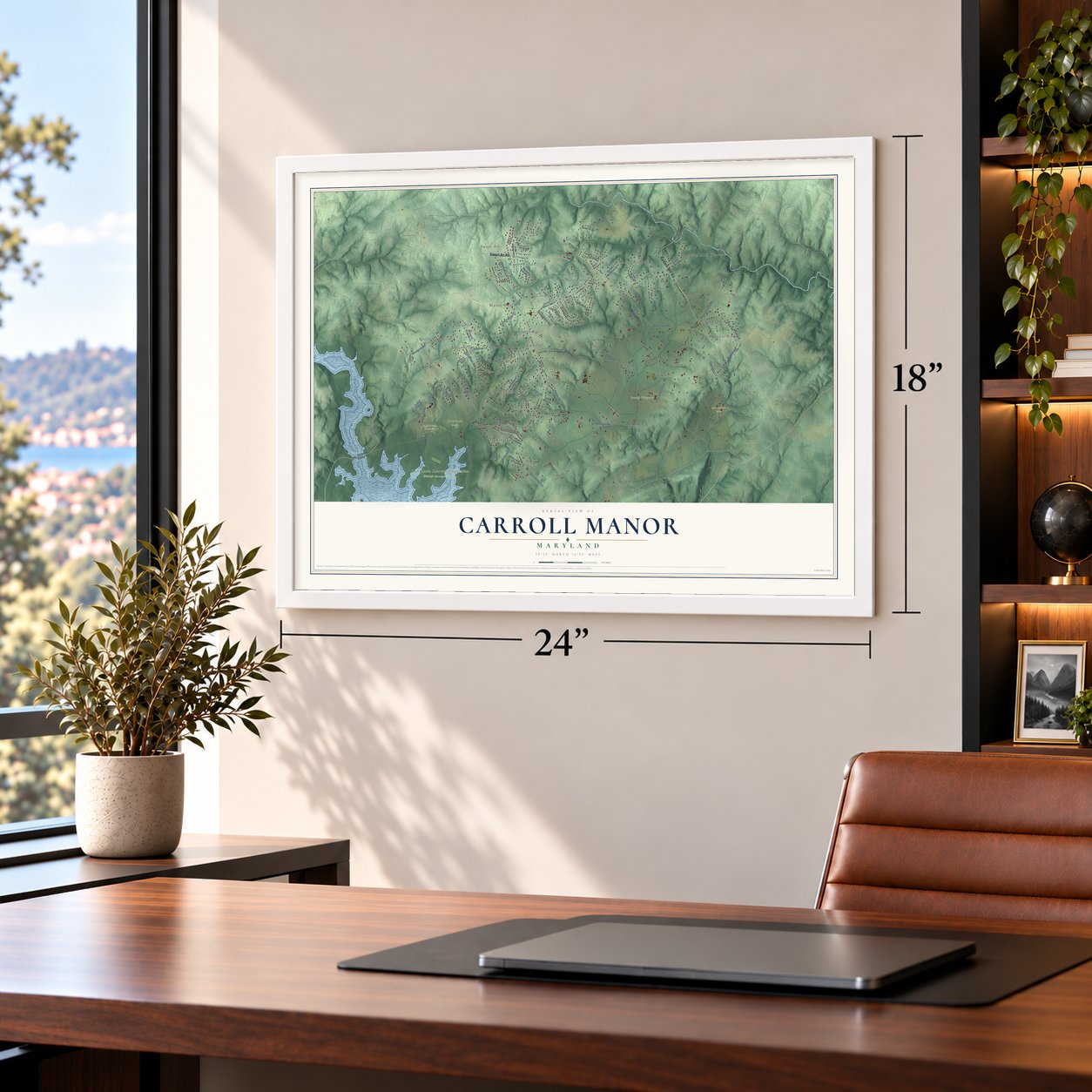 Carroll Manor, Maryland map, 18 x 24 inch print in a white frame in a home office
