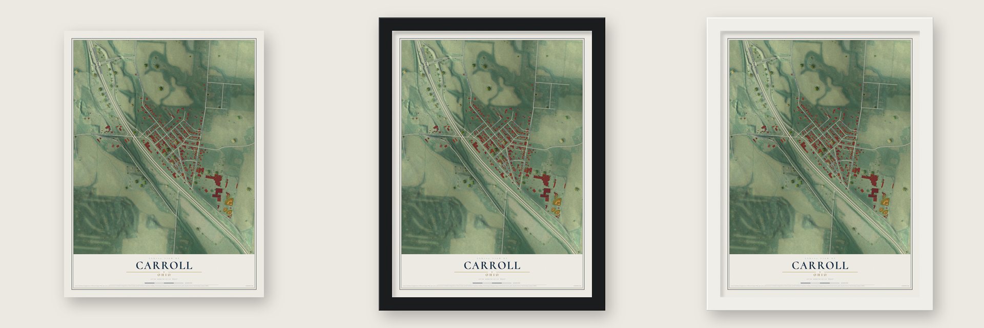 Carroll, Ohio map unframed, in a black wood frame and in a white wood frame