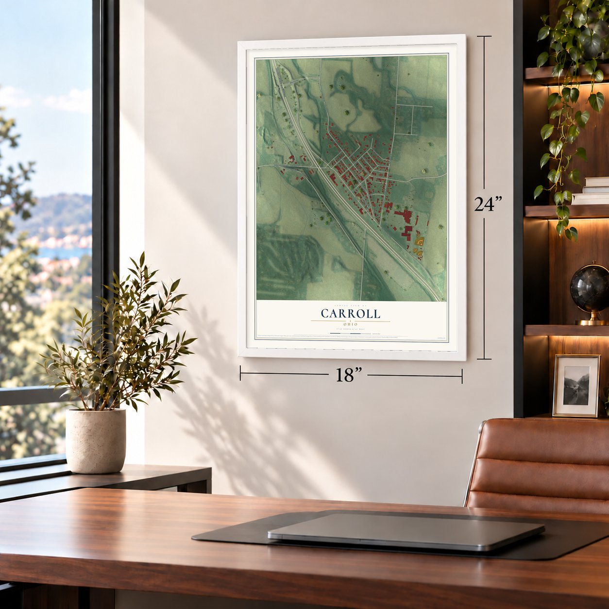 Carroll, Ohio map, 18 x 24 inch print in a white frame in a home office