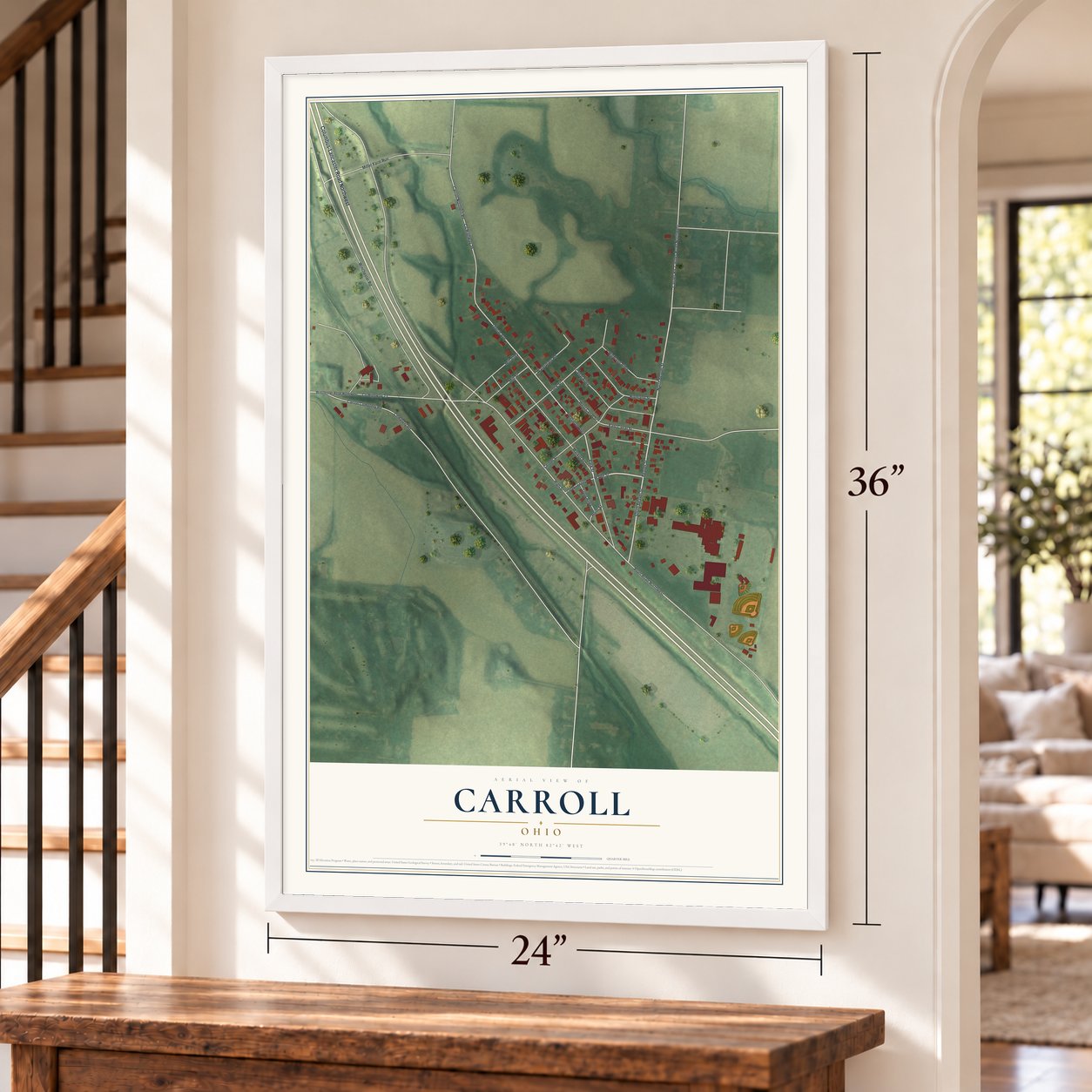 Carroll, Ohio map, 24 x 36 inch print in a white frame by a staircase