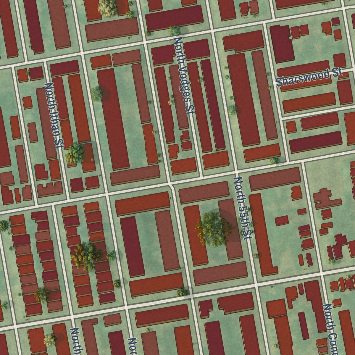 Second close-up of the map of Carroll Park, Pennsylvania print showing more streets and buildings