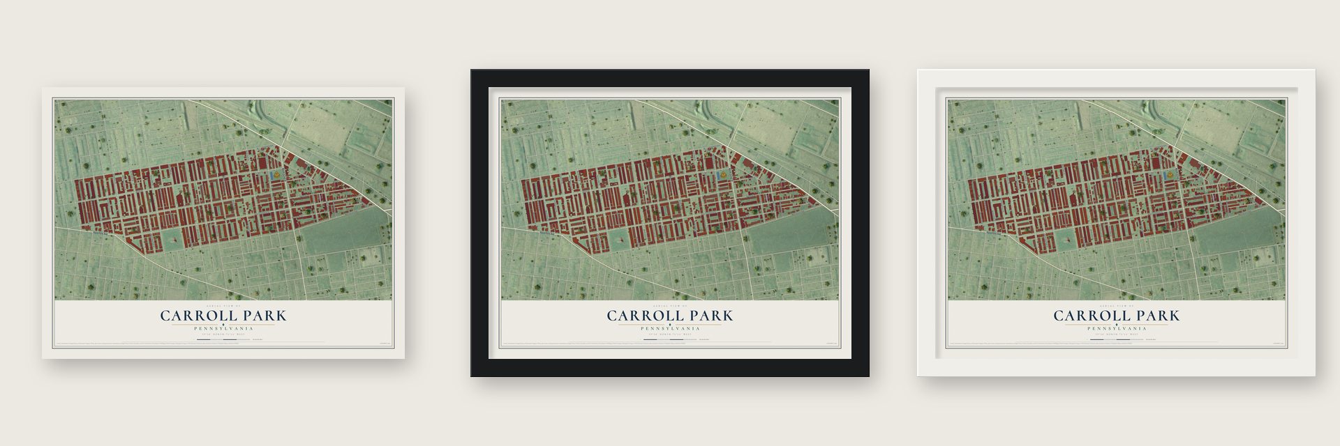 Carroll Park, Pennsylvania map unframed, in a black wood frame and in a white wood frame