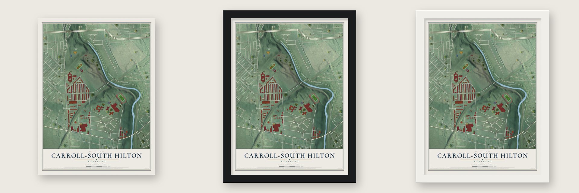 Carroll-South Hilton, Maryland map unframed, in a black wood frame and in a white wood frame