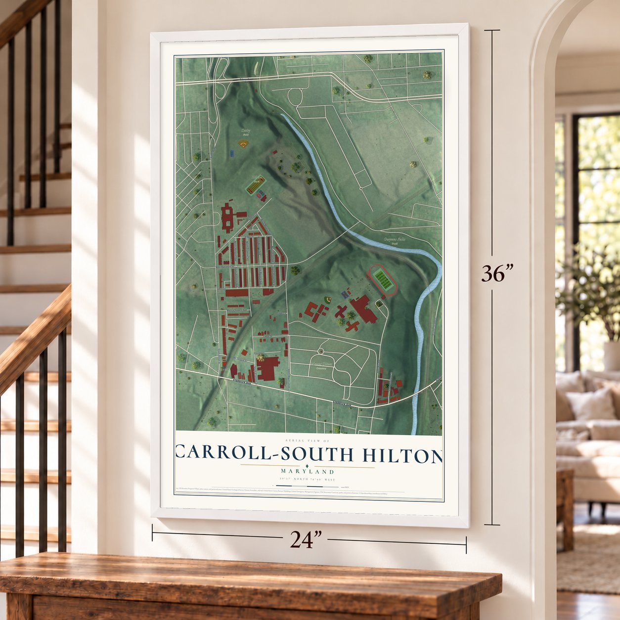 Carroll-South Hilton, Maryland map, 24 x 36 inch print in a white frame by a staircase