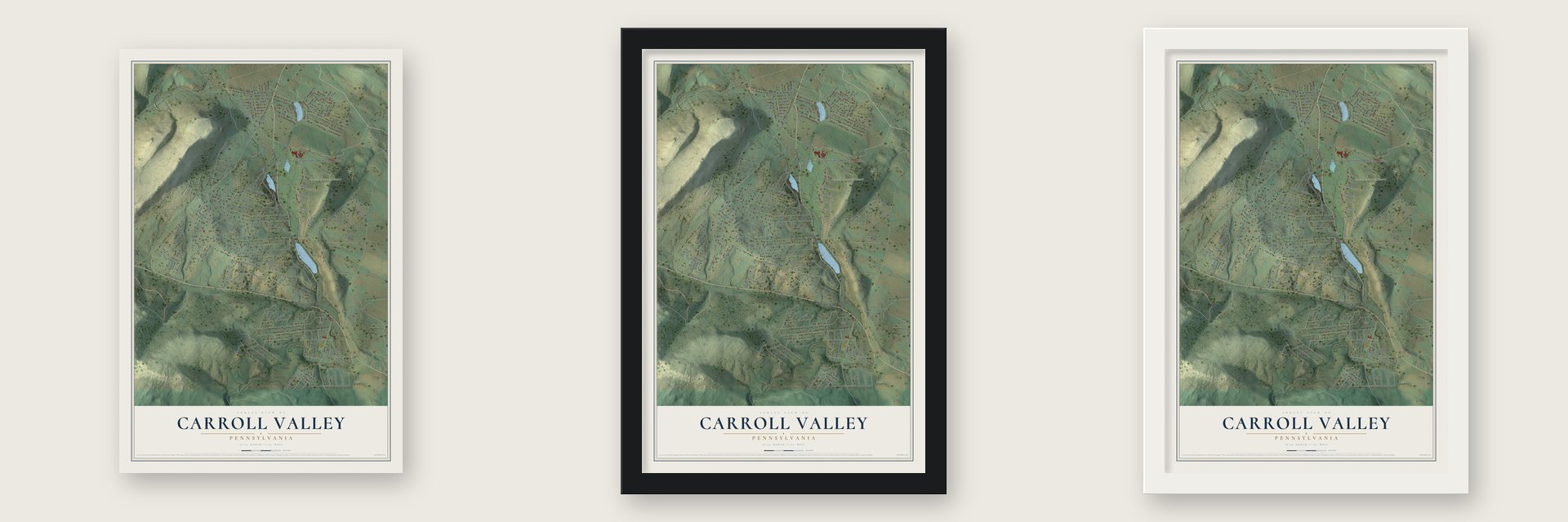 Carroll Valley, Pennsylvania map unframed, in a black wood frame and in a white wood frame