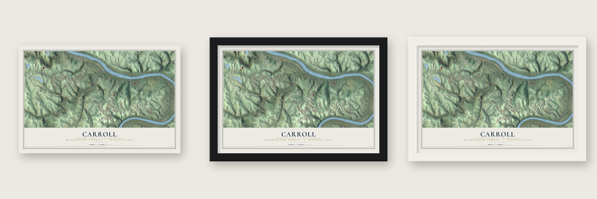 Carroll, Washington County, Pennsylvania map unframed, in a black wood frame and in a white wood frame