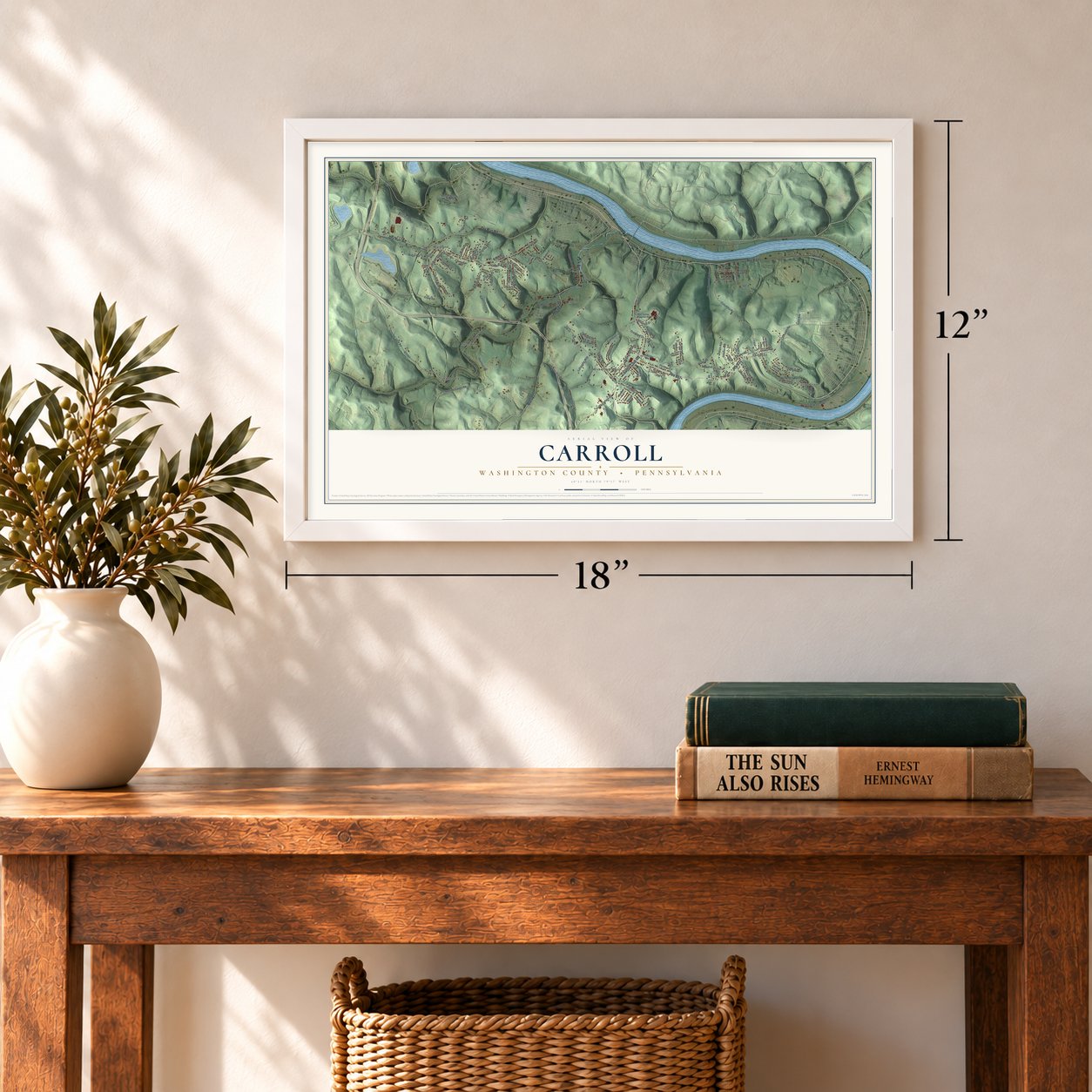 Carroll, Washington County, Pennsylvania map, 12 x 18 inch print in a white frame in an entryway