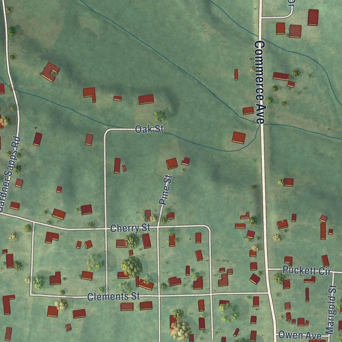 Second close-up of the map of Carrollton, Alabama print showing more streets and buildings
