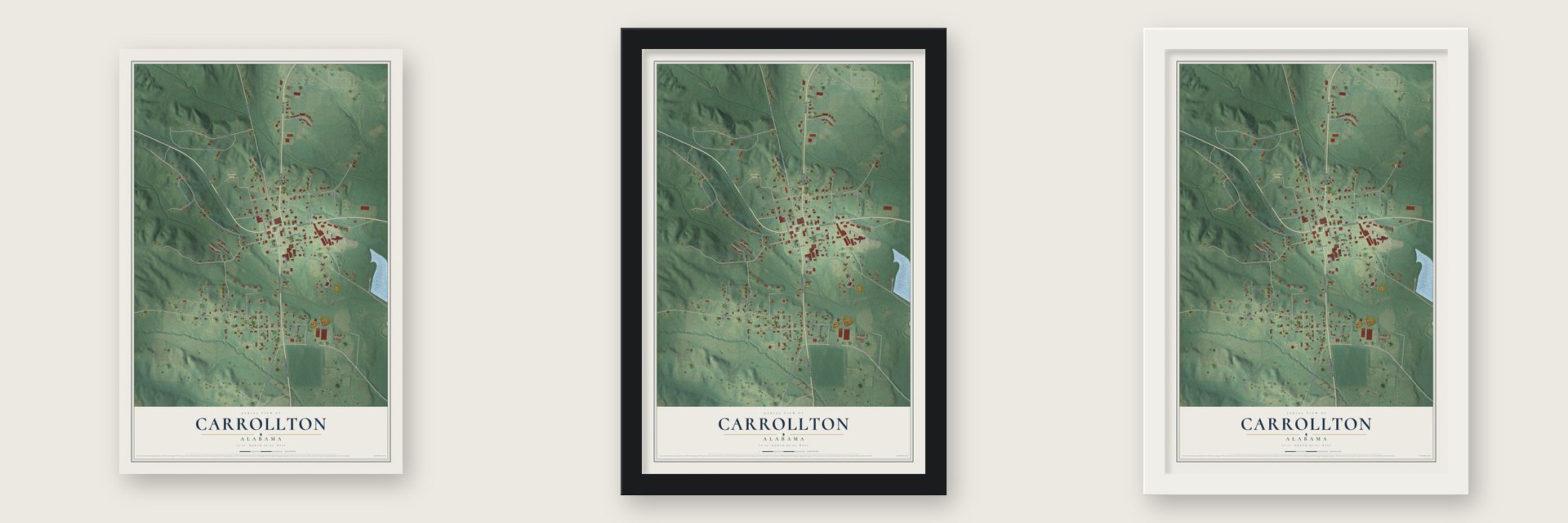 Carrollton, Alabama map unframed, in a black wood frame and in a white wood frame