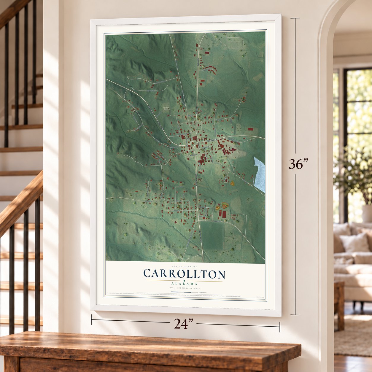 Carrollton, Alabama map, 24 x 36 inch print in a white frame by a staircase