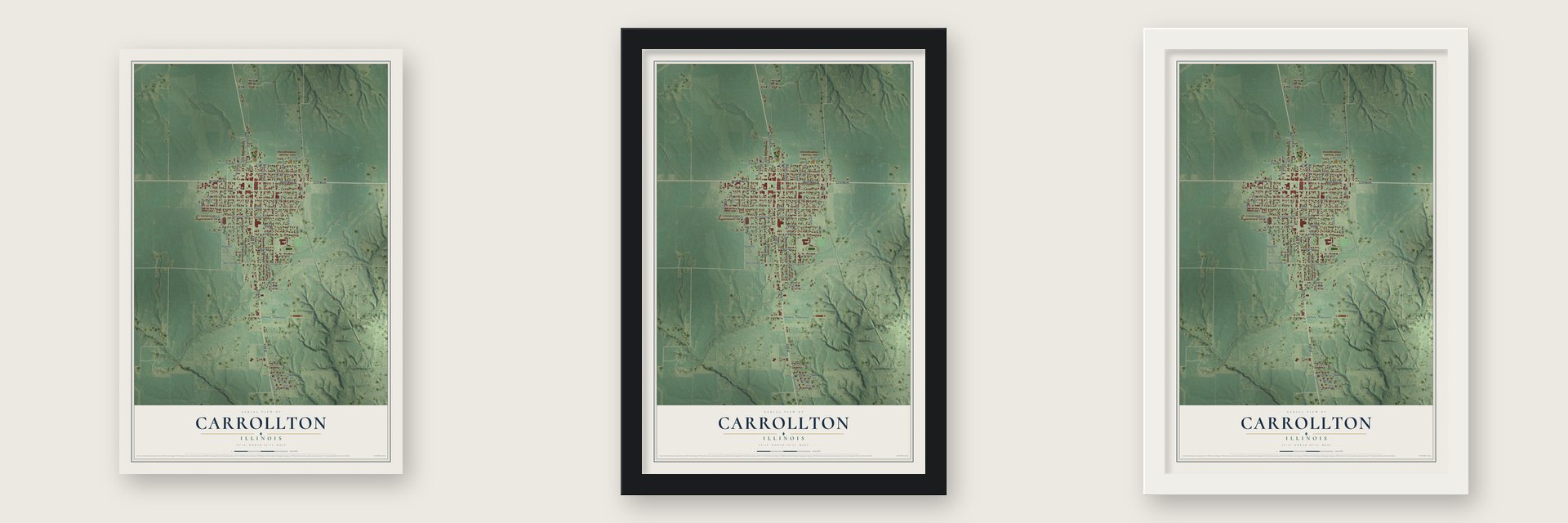 Carrollton, Illinois map unframed, in a black wood frame and in a white wood frame