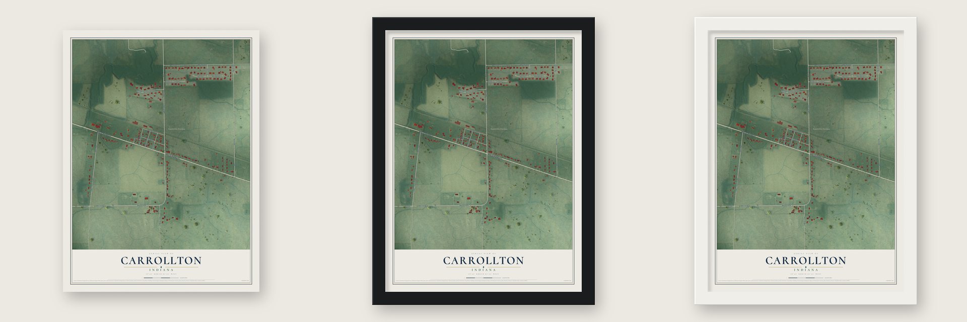 Carrollton, Indiana map unframed, in a black wood frame and in a white wood frame