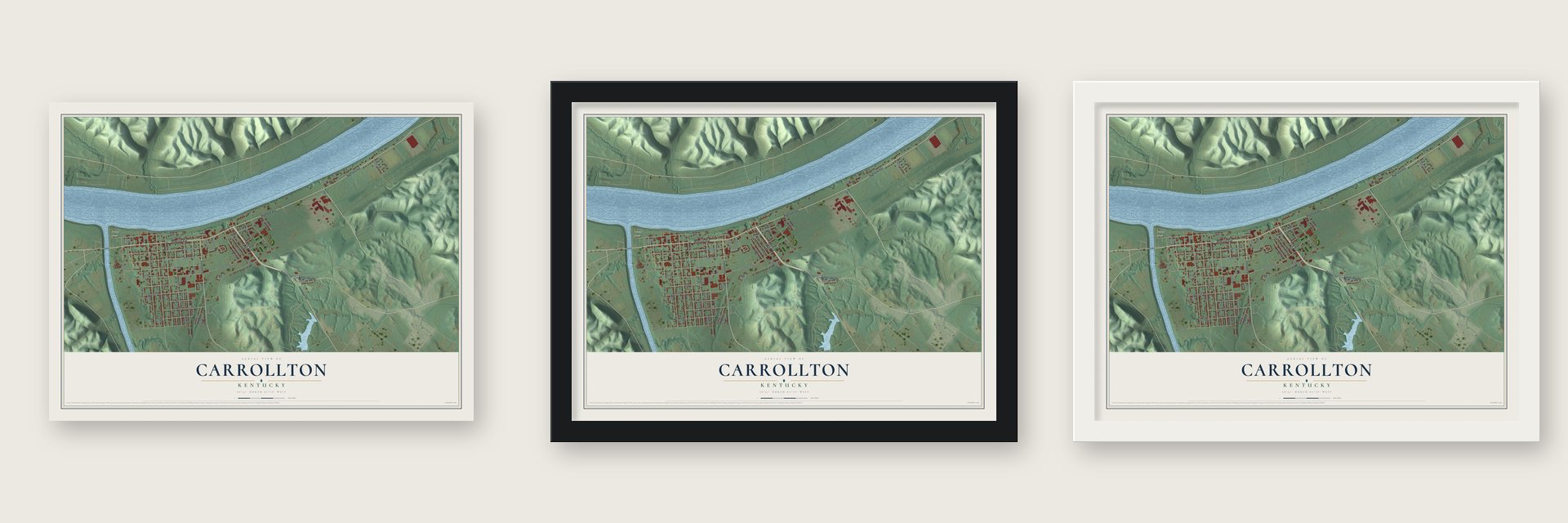 Carrollton, Kentucky map unframed, in a black wood frame and in a white wood frame