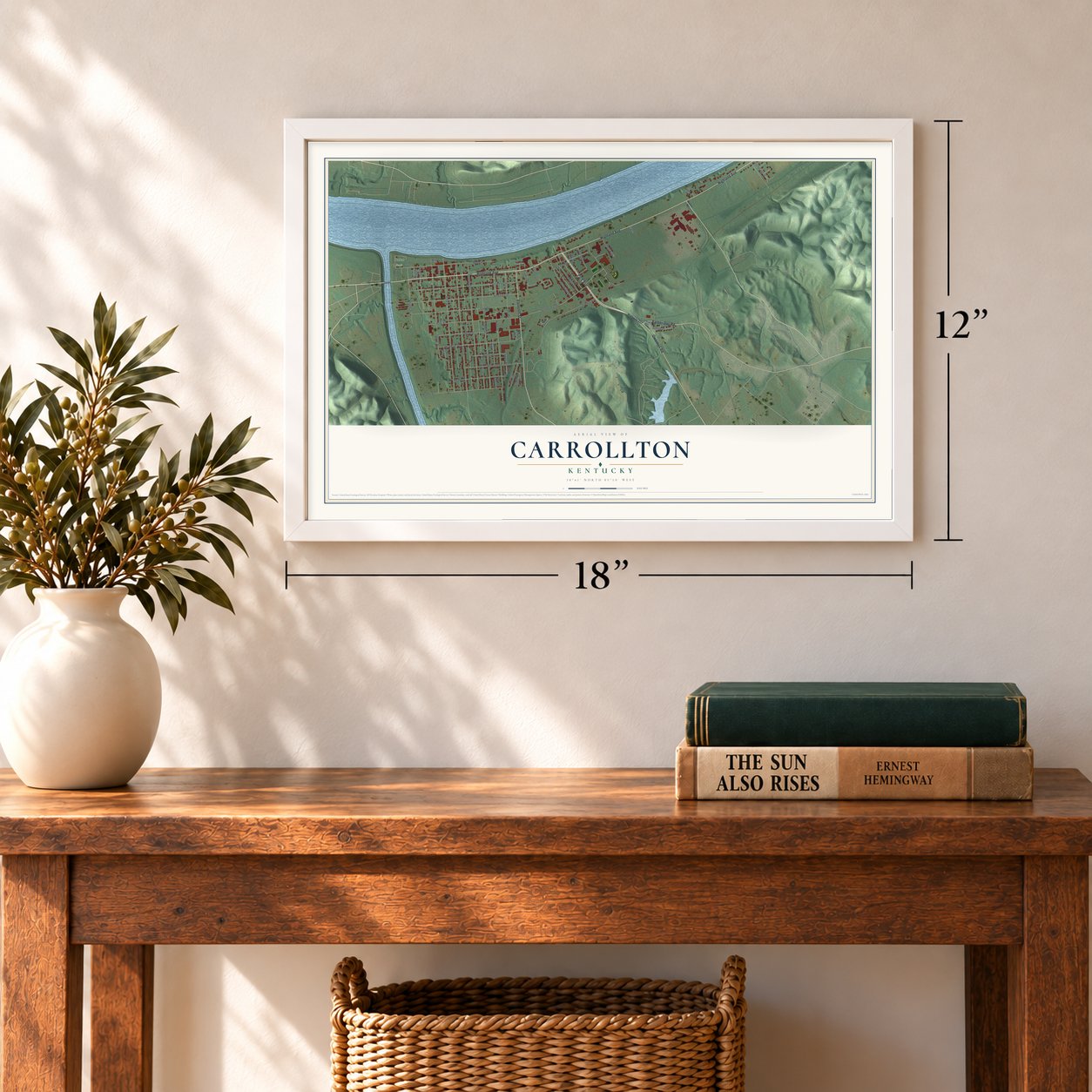 Carrollton, Kentucky map, 12 x 18 inch print in a white frame in an entryway