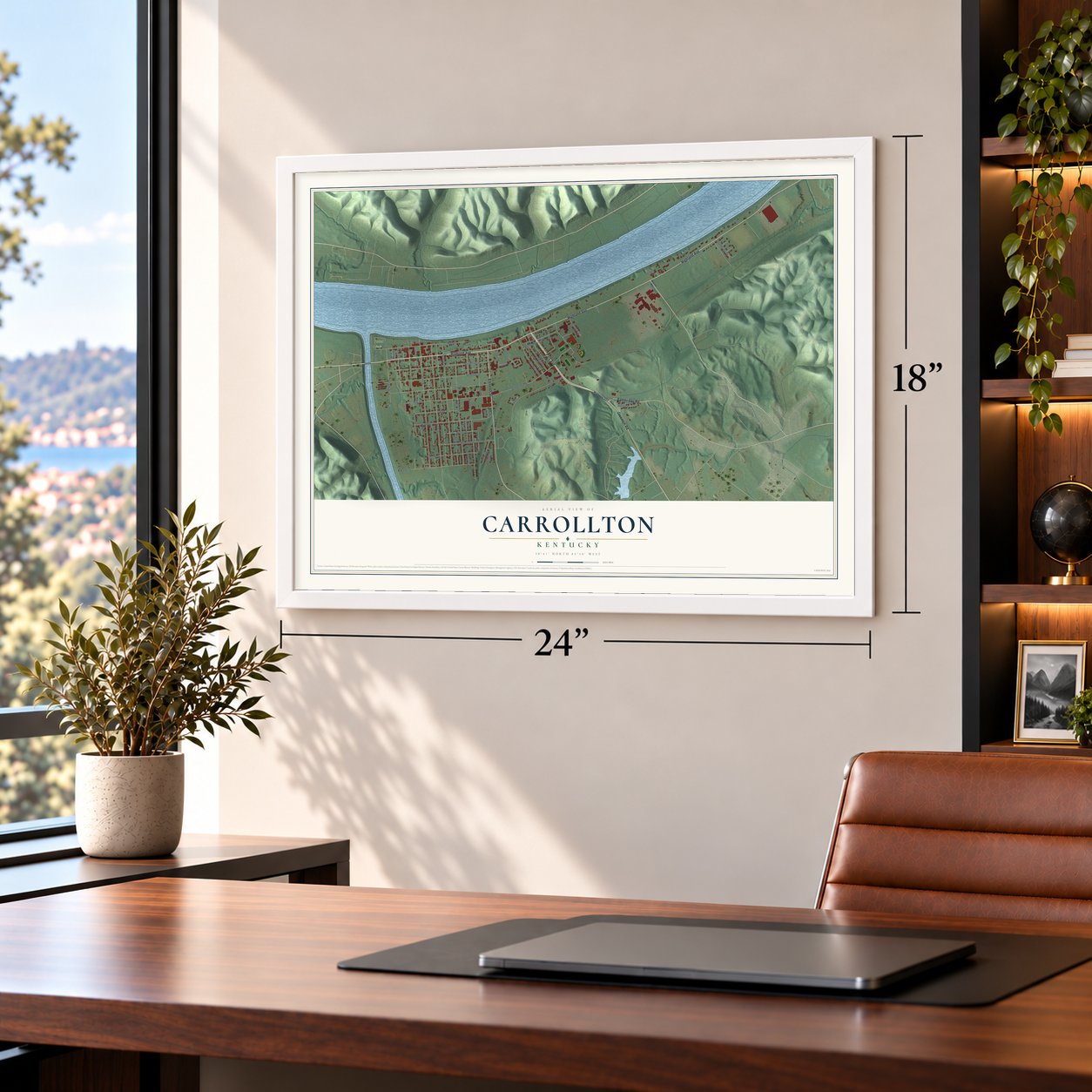 Carrollton, Kentucky map, 18 x 24 inch print in a white frame in a home office