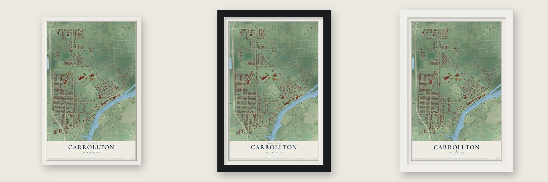 Carrollton, Michigan map unframed, in a black wood frame and in a white wood frame
