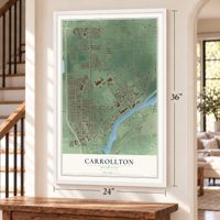 Carrollton, Michigan map, 24 x 36 inch print in a white frame by a staircase