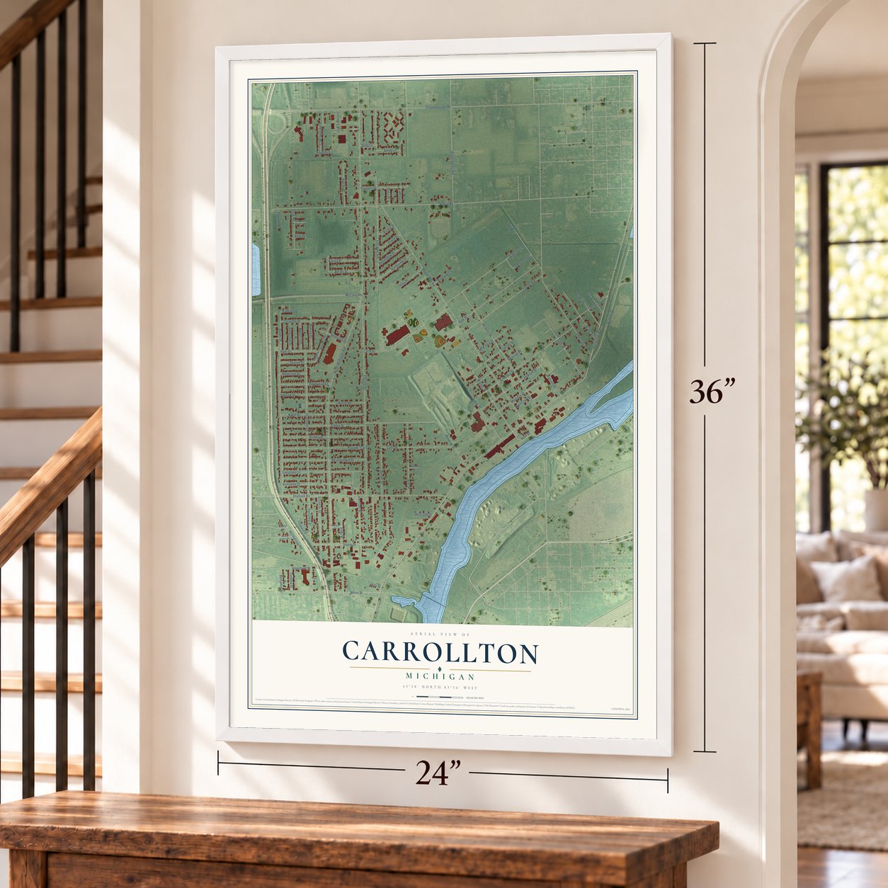 Carrollton, Michigan map, 24 x 36 inch print in a white frame by a staircase