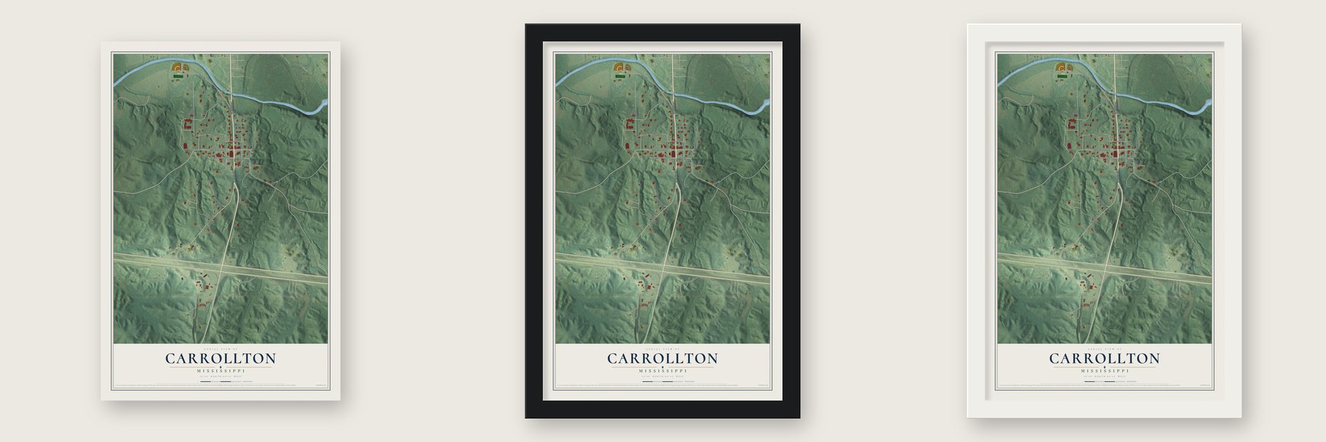 Carrollton, Mississippi map unframed, in a black wood frame and in a white wood frame