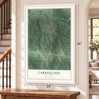 Carrollton, Mississippi map, 24 x 36 inch print in a white frame by a staircase