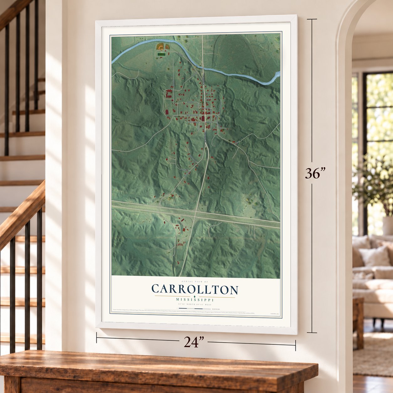 Carrollton, Mississippi map, 24 x 36 inch print in a white frame by a staircase