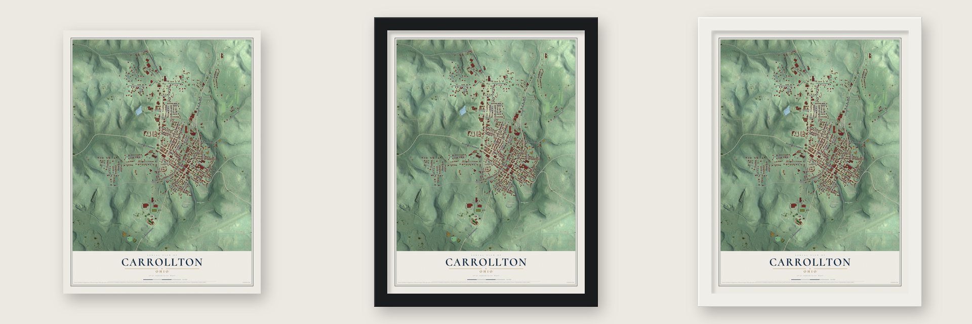 Carrollton, Ohio map unframed, in a black wood frame and in a white wood frame