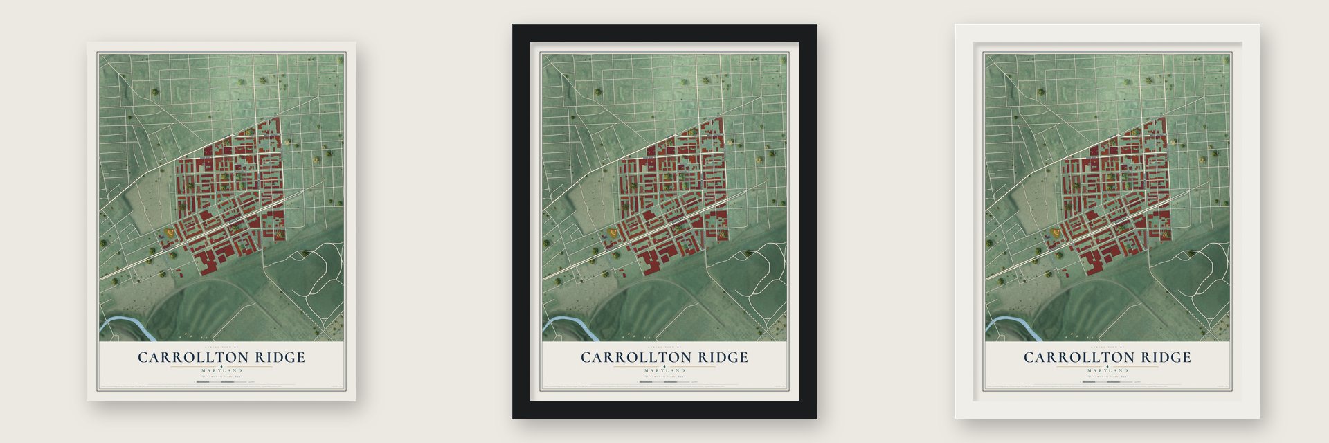 Carrollton Ridge, Maryland map unframed, in a black wood frame and in a white wood frame