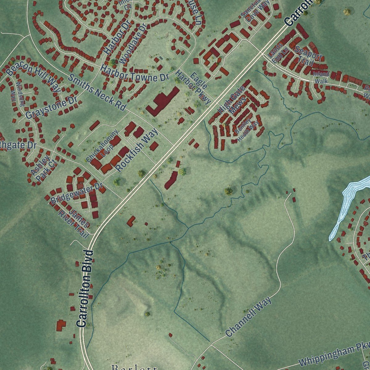 Second close-up of the map of Carrollton, Virginia print showing more streets and buildings