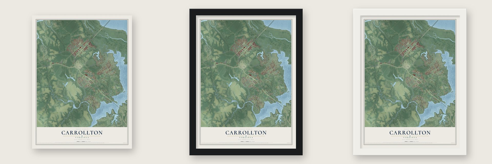 Carrollton, Virginia map unframed, in a black wood frame and in a white wood frame