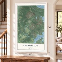 Carrollton, Virginia map, 24 x 36 inch print in a white frame by a staircase
